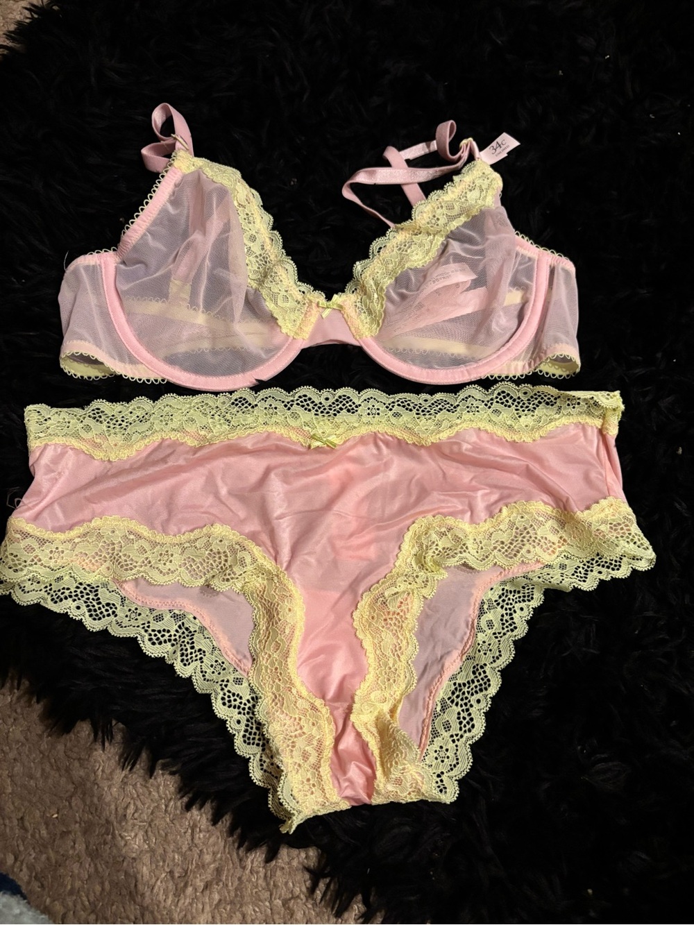 Delicate Pink & Yellow Lace Bra and Brief Set Victoria set c34 medium underwear